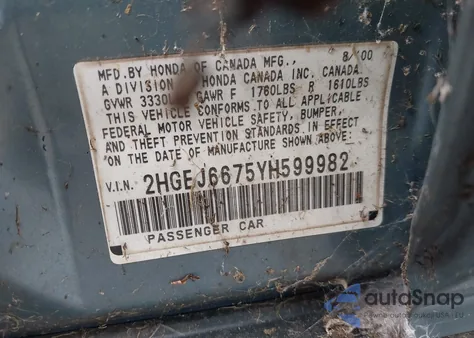 2000 Honda Civic Lx из США, поврежденный, VIN 2HGEJ6675YH599982